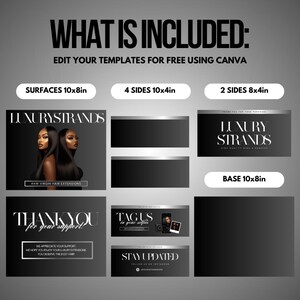 May include: A set of social media templates for a hair extensions business. The templates feature a black background with white text and images. The templates include a logo, a product image, a thank you message, and a call to action. The templates are available in different sizes, including 10x8 inches, 10x4 inches, and 8x4 inches.