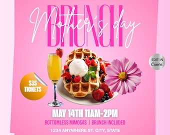 Folleto para brunch del Día de la Madre, plantilla editable de Canva (descarga digital)