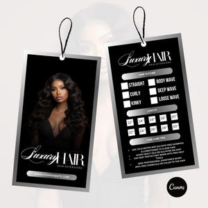 Peut inclure: Étiquette noire et blanche avec le texte "Luxury Hair" et une femme aux longs cheveux noirs. L'étiquette comporte une liste de contrôle pour la texture des cheveux, la longueur et les conseils d'entretien des cheveux.