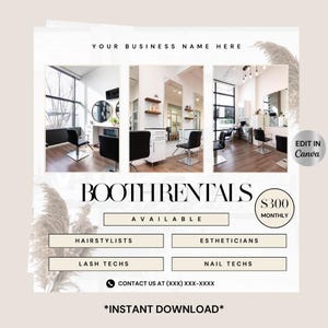 Booth Rental Flyer, Esthetician Flyer, Beautician Flyer, Salon suite Flyer, Barber Booth Rental Social Media Flyer, Canva Editable Templates