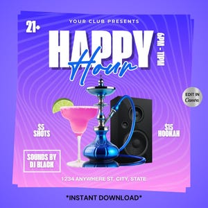 DIY Happy Hour bearbeitbare Flyer Vorlage, Sommer Happy Hour Flyer, Barkarte, Restaurant, Margaritas Sommerveranstaltungen, DJ Club Flyer, Cocktail
