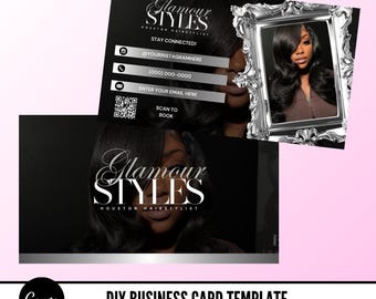 Diseño de tarjeta de presentación de peluquería DIY, tecnología de uñas, plantilla de Canva DIY, marca de peluquero, pestañas, tarjetas de marca de negocios de belleza, cabello, maquillaje
