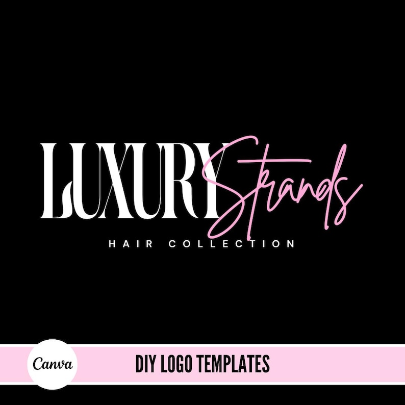 Op de afbeelding: Een logo-ontwerptemplate voor een haarcollectiebedrijf genaamd "Luxury Strands". Het woord "Luxury" staat in witte vetgedrukte letters en het woord "Strands" staat in roze cursief schrift. De tekst "Hair Collection" staat in wit onder het logo.