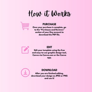 May include: Pink background with black text explaining how to purchase, edit, and download a digital template. The text includes the words "Purchase", "Edit", and "Download".