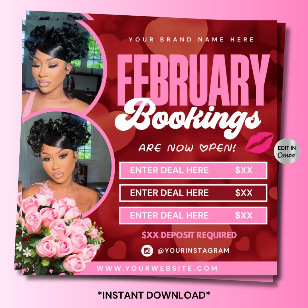 February Booking Flyer, Valentines Day Template, Holiday Deals, Hair ...