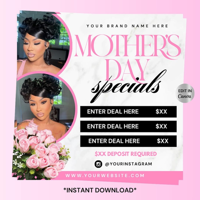 Puede incluir: Un anuncio rosa y blanco de ofertas especiales para el D&iacute;a de la Madre con dos im&aacute;genes de una mujer con cabello oscuro. El texto incluye "Mother's Day Specials", "Enter Deal Here" y "Instant Download".
