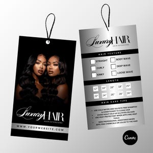 Puede incluir: Dos etiquetas en blanco y negro con el texto "Luxury Hair" y "Hair Extensions". La etiqueta de la izquierda presenta una foto de dos mujeres con cabello negro largo. La etiqueta de la derecha tiene una lista de verificación para la textura y la longitud del cabello, y una lista de consejos para el cuidado del cabello.