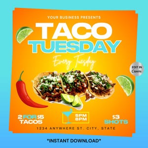 Ulotka DIY Tacos and Tequila Event, Ulotka Club lounge, Ulotka Taco Tuesday, Ulotka Menu, Ulotka Food, Ulotka Social Media Invitation, Ulotka Canva