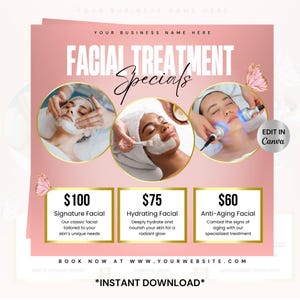 Ulotka o zabiegach na twarz, ulotka o sprzedaży zabiegów na twarz DIY, ulotka o rezerwacji u kosmetyczki, ulotka o zabiegach na twarz Beauty, ulotka o zabiegach Hydrafacial, mikrodermabrazja, Canva