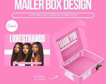 Diseño de caja de envío para pelucas (DIY), empaque rosa, plantilla Canva (descarga digital)