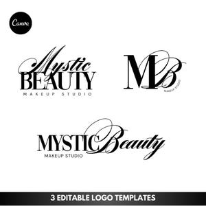 May include: Three black and white logo templates for a makeup studio called "Mystic Beauty". The first logo features the words "Mystic Beauty" in a stylized font with the words "Makeup Studio" underneath. The second logo features the letters "MB" in a stylized font with the words "Makeup Studio" underneath. The third logo features the words "Mystic Beauty" in a stylized font with the words "Makeup Studio" underneath.
