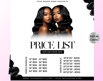 May include: A price list for raw and virgin hair extensions. The list includes prices for single bundles and bundle deals. The prices are listed in US dollars. The text "Edit in Canva" is in the top right corner of the image.
