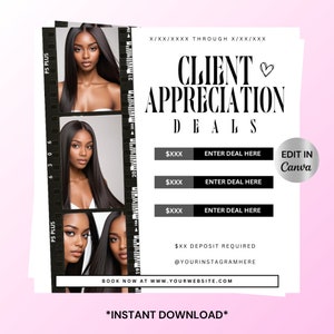 Client Appreciation Sale, DIY Canva Flyer template,  Hair Flyer, Hair specials, Nail deals, Lash flyer, Book now, Flash sale, MUA, Booking