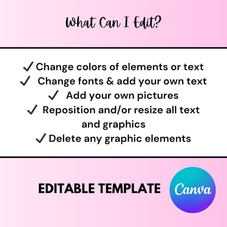 May include: A pink and white graphic with a checklist of editable features for a template. The checklist includes: Change colors of elements or text, Change fonts & add your own text, Add your own pictures, Reposition and/or resize all text and graphics, Delete any graphic elements. The graphic also includes the text "EDITABLE TEMPLATE Canva".