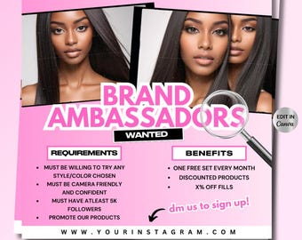 Brand Ambassadors Wanted flyer, Models Wanted flyer, Lash Models, Hair, Wig Installs, Nails, MUA, Social Media Flyer