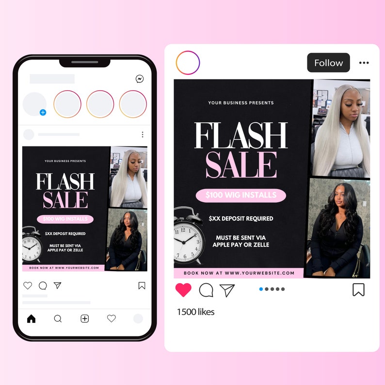 May include: Instagram post advertising a flash sale on $100 wig installs. The post features a black background with pink text and images of women wearing wigs. The text includes the phrase "Your Business Presents" and the words "Flash Sale".