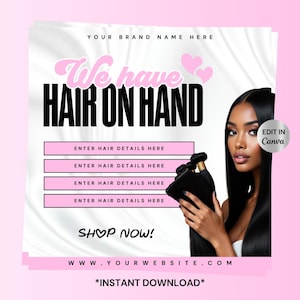 DIY Hair On Hand Flyer Design, Hair Boutique Social Media Flyer, Hairseller, Hair Flyer Design, Bundles on Hand Flyer Canva, Wigs on Hand