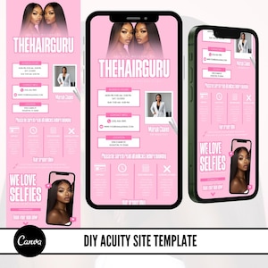 May include: A pink and white mobile-friendly website template for a hair salon or stylist. The template features a large image of a woman with long, dark hair, the text "THEHAIRGURU", and a section for booking appointments. The template also includes a section for sharing information about the salon, such as the address, phone number, and email address.