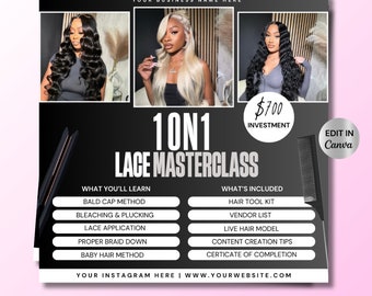 Folleto de clase magistral sobre peluquería, folleto para redes sociales DIY, clase de pelucas de encaje, plantilla de Canva, reservas, clases disponibles, curso de formación de estilistas