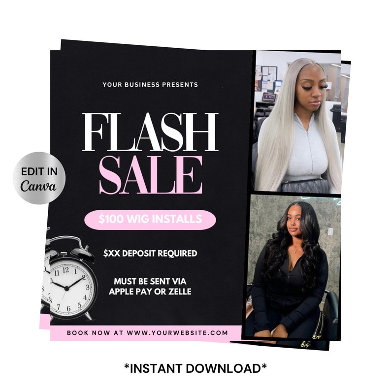 Wig install flyer, hair sale flyer, hair deals, hair specials, nail flyer, lashes flyer, diy canva template, flash sale