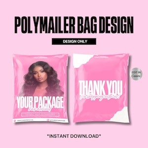 Design de bolsa de polimailer para peruca, peruca frontal de renda e pacotes de embalagem para cabelo, design rosa, design de caixa personalizada faça você mesmo, modelo Canva