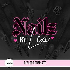 Puede incluir: Un logotipo negro y rosa con el texto "Nailz by Lexi" en una fuente gótica. El logotipo está rodeado de imágenes de uñas manicuradas.