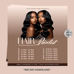 Folleto de lista de precios de cabello DIY, Folleto de cabello, Venta de pelucas, Ofertas de paquetes, Plantilla de Canva, Frontales, Cierres, Negocio de extensiones de cabello de lujo, Paquetes