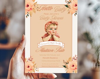 Vintage  Retro Baby Shower, Baby Girl Invitation, Hello Baby Shower Invite, Retro Baby Shower Invitation,  Canva Editable Invite Template,