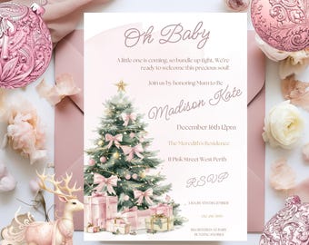 May include: A baby shower invitation with a pink and white color scheme. The invitation features a Christmas tree decorated with pink bows and gifts. Text includes "Oh Baby" and event details.
