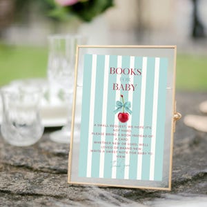 Blauwgroen kers op de taart boeken voor babykaart, boekverzoek invoegen, een nieuw hoofdstuk boeken voor baby, DIY babyshower, digitale download, canva bewerkbaar