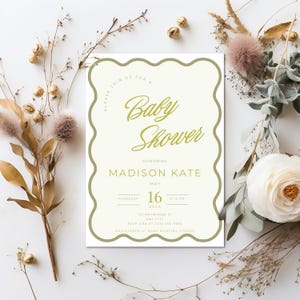 Wavy Border Baby Shower Invitation, Retro Beige Olive Green Modern Invite, Simlpe Invite, Printable Canva Editable Template, Diy Baby Shower