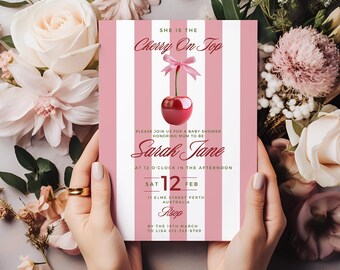 Cherry On Top Baby Shower Invitation, Cherries Baby Shower Invite Baby Girl Invite, Canva Editable Invitation Template, Instant Download,