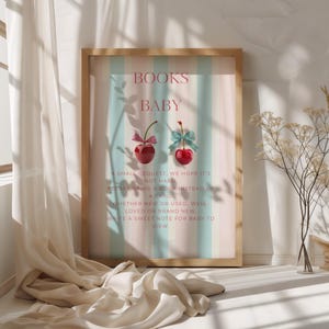 Roze en blauwe kers op de taart boeken voor babykaart, boekverzoek invoegen, boeken voor baby, DIY babyshower, digitale download, canva bewerkbaar