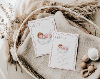 Boho Pink White Baby Shower, Wave Invitation, Hello Baby Shower Invite, Girl Pink Baby Shower Invitation,  Canva Editable Invite Template,