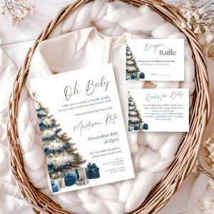 Conjunto de convites para chá de bebê com árvore de Natal branca e azul, pacote para chá de bebê, rifa de fraldas para bebês, livros para bebês, cartão de agradecimento, conjunto digital