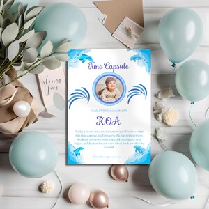 Plantilla de cápsula del tiempo para primer cumpleaños editable de Blue Dolphin, fiesta del primer cumpleaños de niños, carta de cápsula del tiempo, carta de memoria imprimible