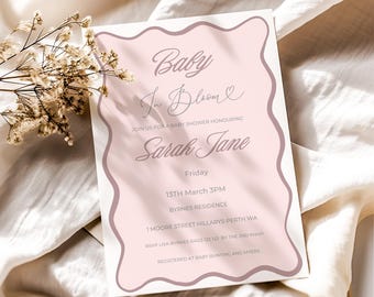 Wavy Baby Shower Invite Template, Girl Pink Baby Shower Invitation, Pink Wavy Baby Shower, Canva Editable Invitation Template,Baby In Bloom