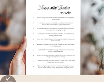 Minimalistyczna gra na baby shower z filmem Name That Baby, ciekawostki filmowe, edytowalny szablon do druku Canva, DIY Baby Shower, gra na imprezę,