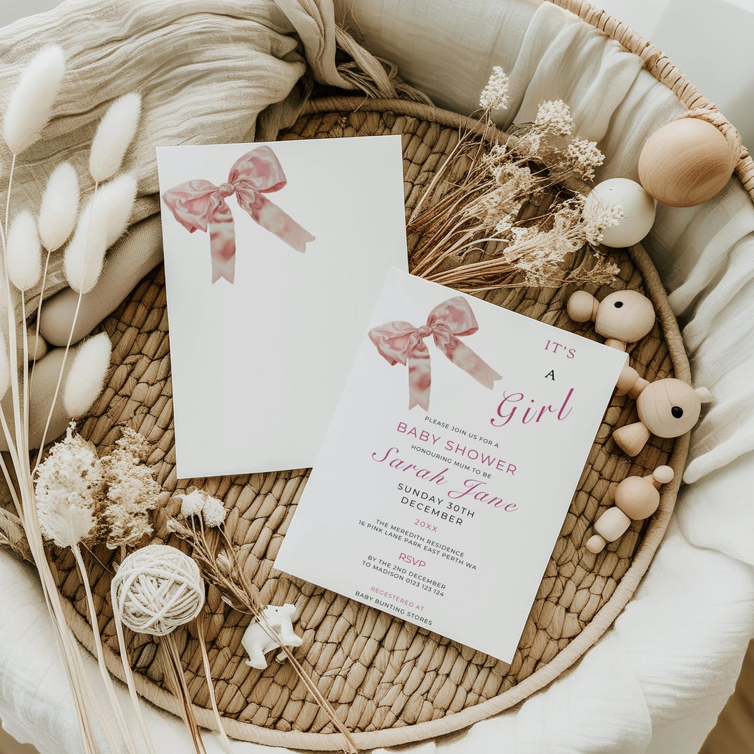 Pink Bow Baby Shower Invitation Template Baby Girl Shower Editable ...