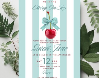 Cherry On Top Baby Shower Invitation, Cherries Baby Shower Invite Baby Boy Invite, Canva Editable Invitation Template, Instant Download,