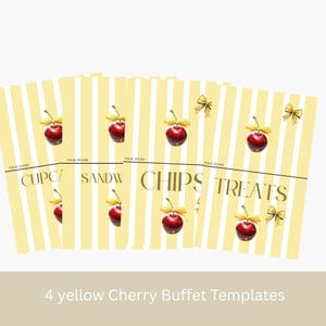 May include: Four printable buffet labels with a yellow and white striped background. Each label features a red cherry illustration and gold bows. The labels are labeled "CUPC/", "SANDW", "CHIPS", and "TREATS".