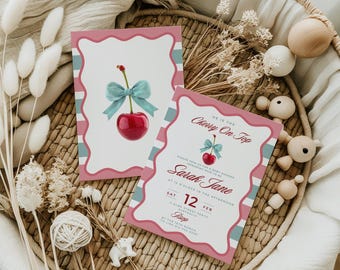 Frame Cherry On Top Baby Shower Invitation, Cherries Baby Shower Invite, Boy Invite, Canva Editable Invitation Template, Instant Download,