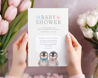 Invito per rivelare il sesso del pinguino: Waddle it Be, modello Canva modificabile (download digitale)