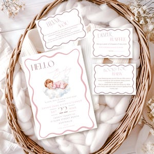 Boho Pink Wavy Baby Shower Invitation Set, Baby Shower Bundle, Baby Diaper Raffle, Books for Baby, Thankyou Card, Baby Girl Baby Shower