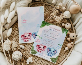May include: A baby shower invitation with a watercolor background featuring two elephants, one pink and one blue. The invitation reads "Twice the giggles, Twice the Love, Serel Jane is having twins! Join us to celebrate March 20, 2024. The Veredasicence, Registered at Baby Bunting Stores."