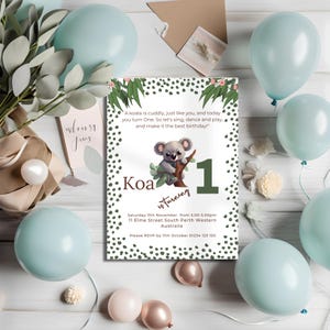 Koala First Birthday Invitation, Australian Animal Birthday Invitation, Koala First Birthday Template, Digital Download, Editable Invitation