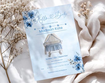 Blue Crib Baby Shower Invitation Template, Baby Boy Shower, Canva Editable Template, Hello Baby Baby Shower Invitation, Digital Download
