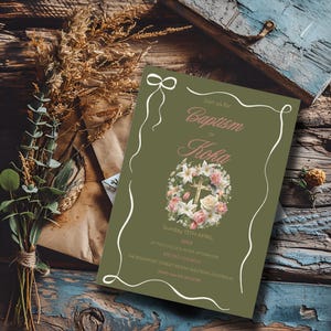 Cross Ribbon Boarder Baptism Invitation, Floral Cross Christening Invite Template, Boy Baptism Invitation,  Digital Canva Editable Invite
