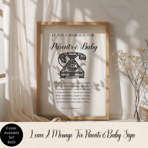 Könnte beinhalten: Ein gerahmtes Schild mit dem Text "Leave A Message For Parents & Baby" und einer Vintage-Telefon-Illustration. Das Schild enthält ein Gedicht über Liebe und Wünsche für ein Baby. Erhältlich in den Größen 12,7 x 17,8 cm und 20,3 x 25,4 cm.