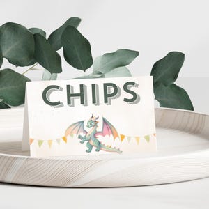 May include: A white card with the word "CHIPS" printed in dark green letters. A cartoon green dragon with pink wings is at the bottom of the card. The dragon is standing on a white and orange banner with flags.